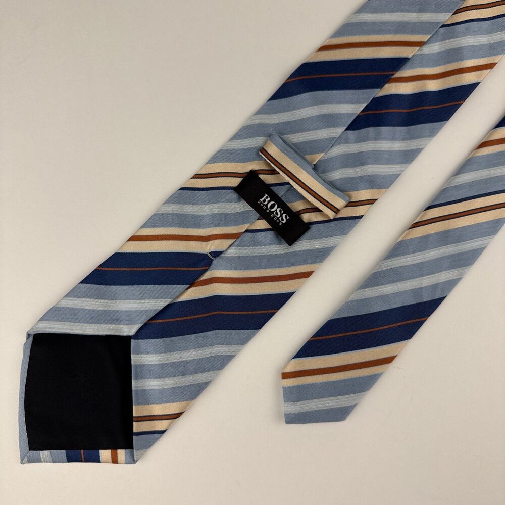 HUGO BOSS Men's Silk / Linen Necktie LUXURY Tie Blue White Striped 58" x 3.5"